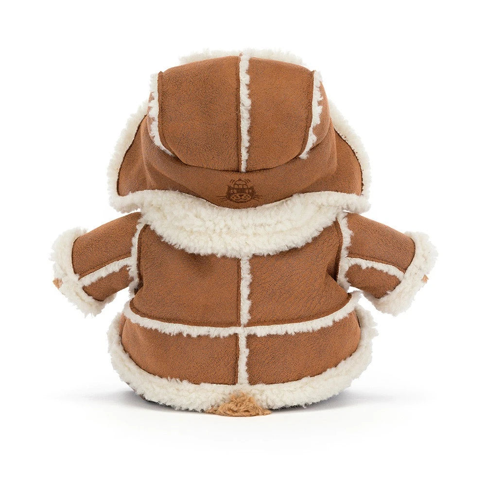 A brown faux-suede hooded jacket with thick cream sherpa lining, shown from the back on a white background.