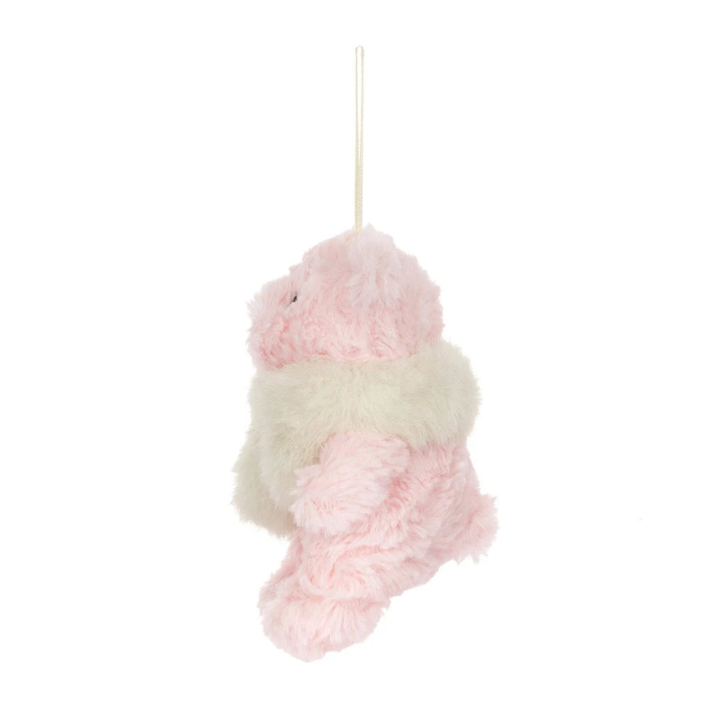A fluffy pink plush bunny ornament with a cream faux-fur collar and a hanging loop, shown against a plain white background.