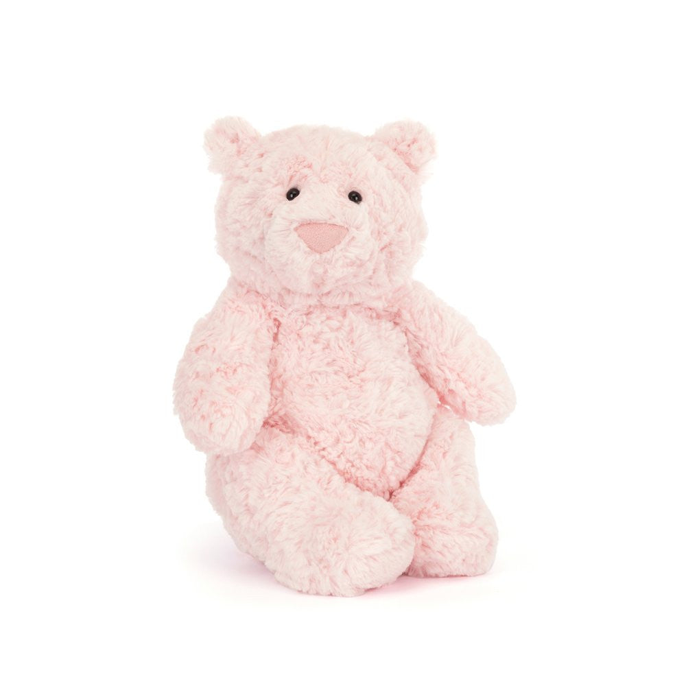 A light pink curly plush teddy bear sitting upright against a clean white background.