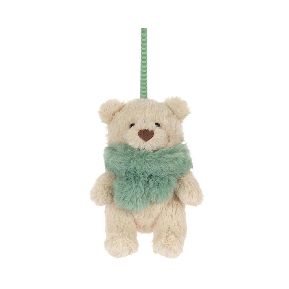 A cream-colored plush teddy bear ornament with a fuzzy mint green scarf and a matching hanging loop, shown against a plain white background.