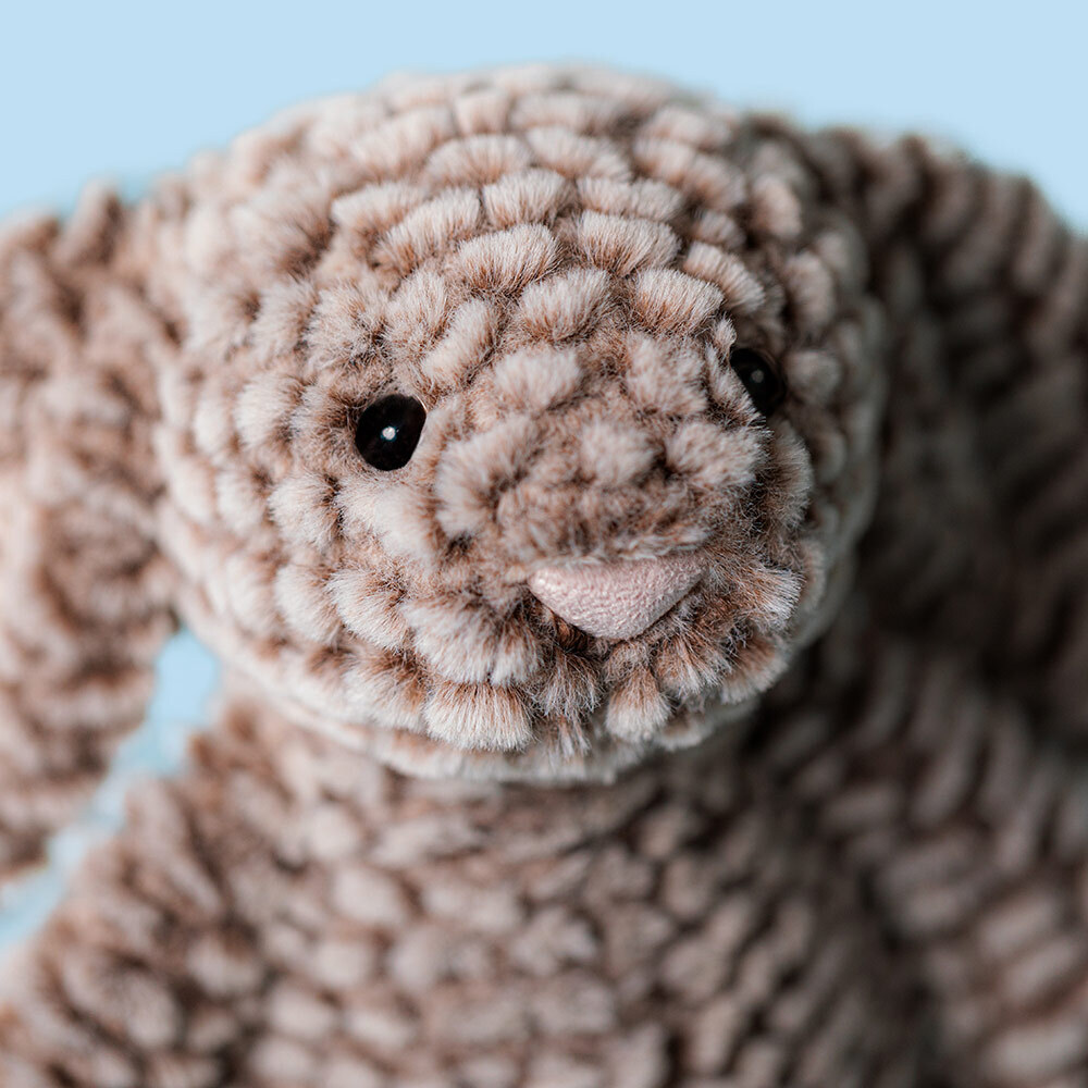 Close-up of a brown textured plush toy against a light blue background