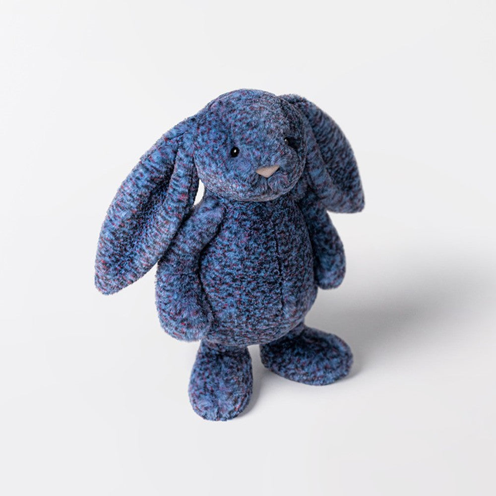 Blue textured plush bunny toy on a white background