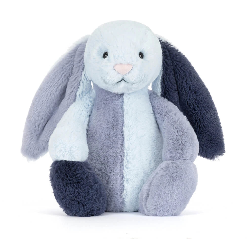 Plush toy rabbit with gray and blue color scheme on a white background