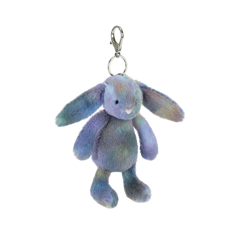 A plush bunny keychain with a soft pastel gradient of purple, blue, and green, featuring a silver metal clasp at the top, shown against a plain white background.