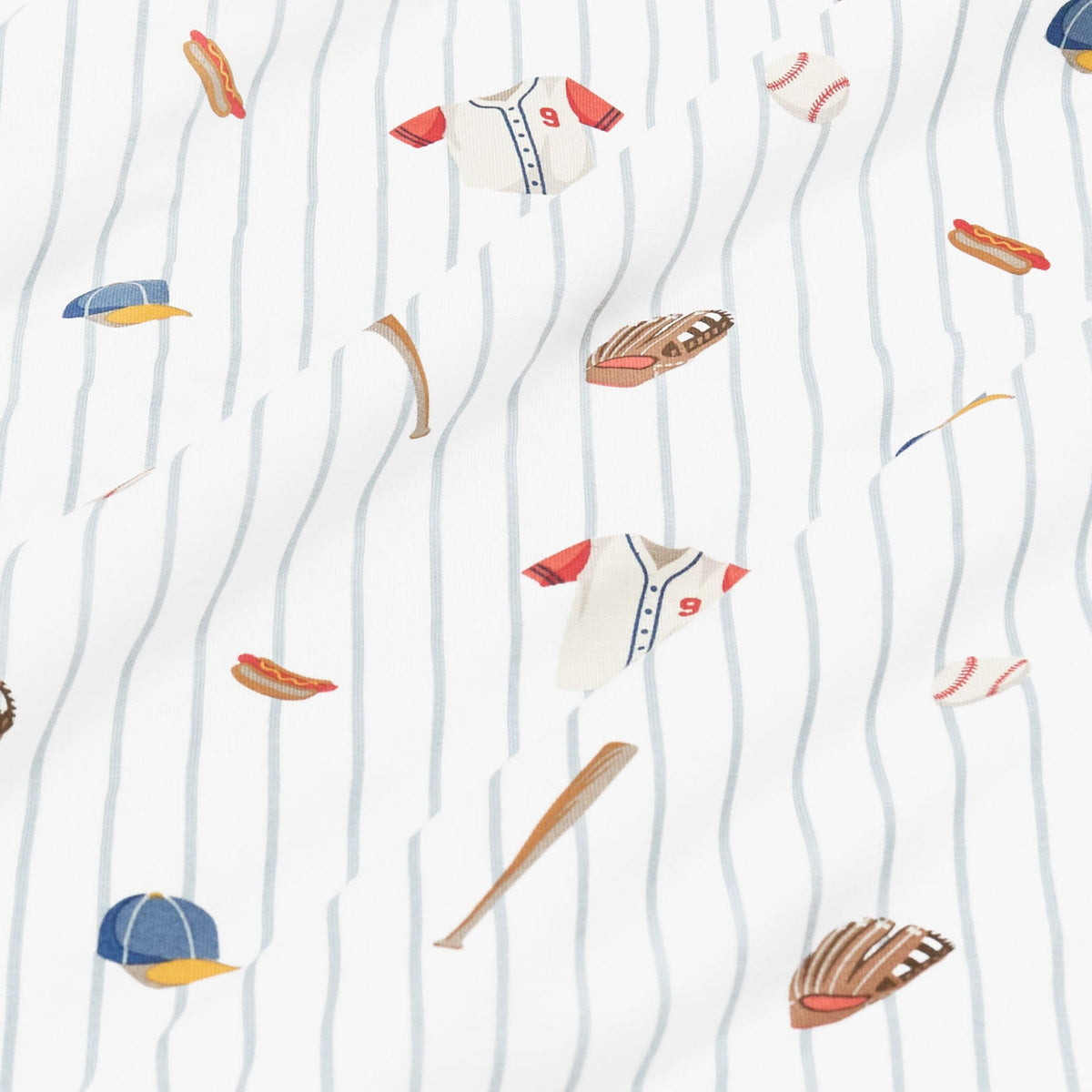 Baseball-themed pattern with jerseys, bats, and caps on a white background