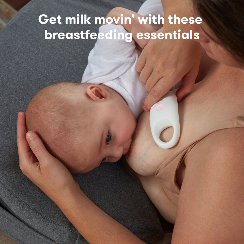 Woman breastfeeding a baby with a text overlay about breastfeeding essentials.