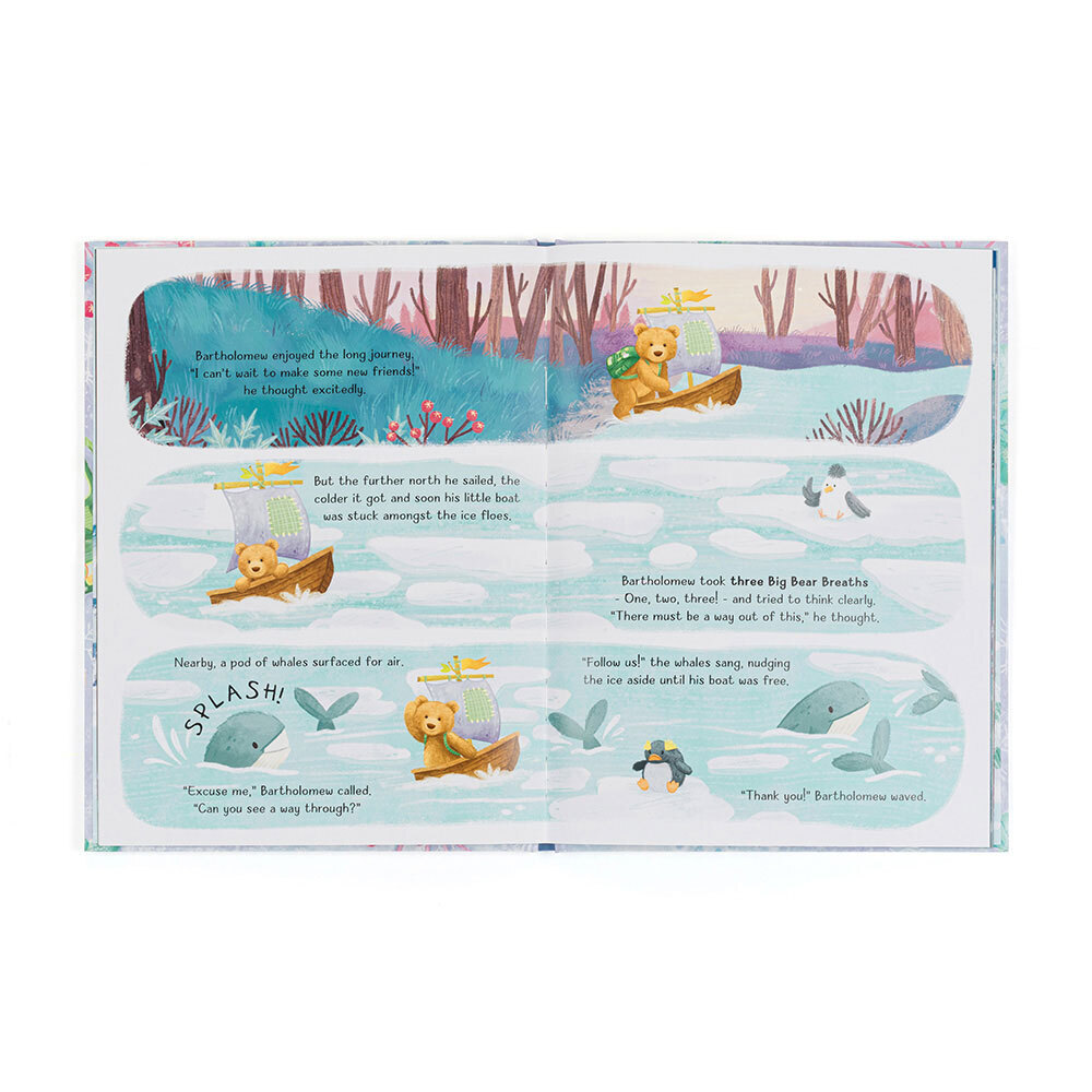 Illustrated book page with a bear in a canoe and text on a white background