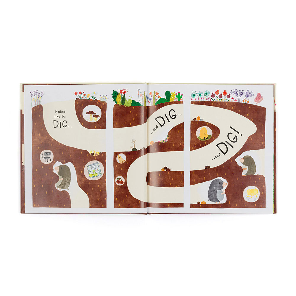 Open book with illustrations of a moles'挖洞 journey on a white background