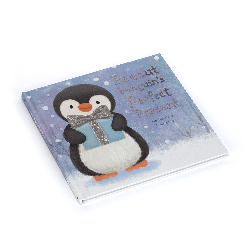 Children's book titled 'Peanut Penguin's Perfect Present' with a penguin holding a gift on a snowy background.