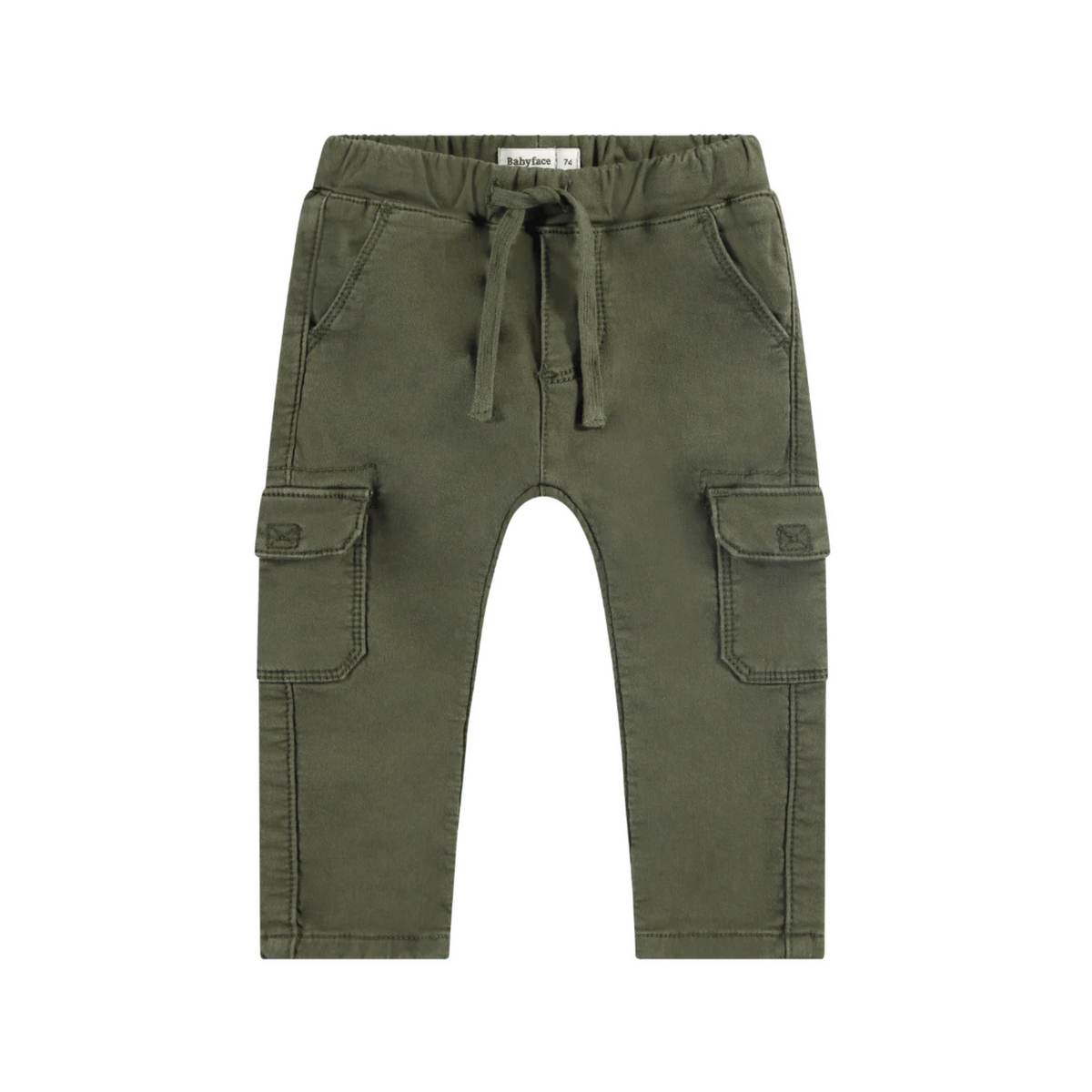 Green cargo pants with a drawstring on a white background