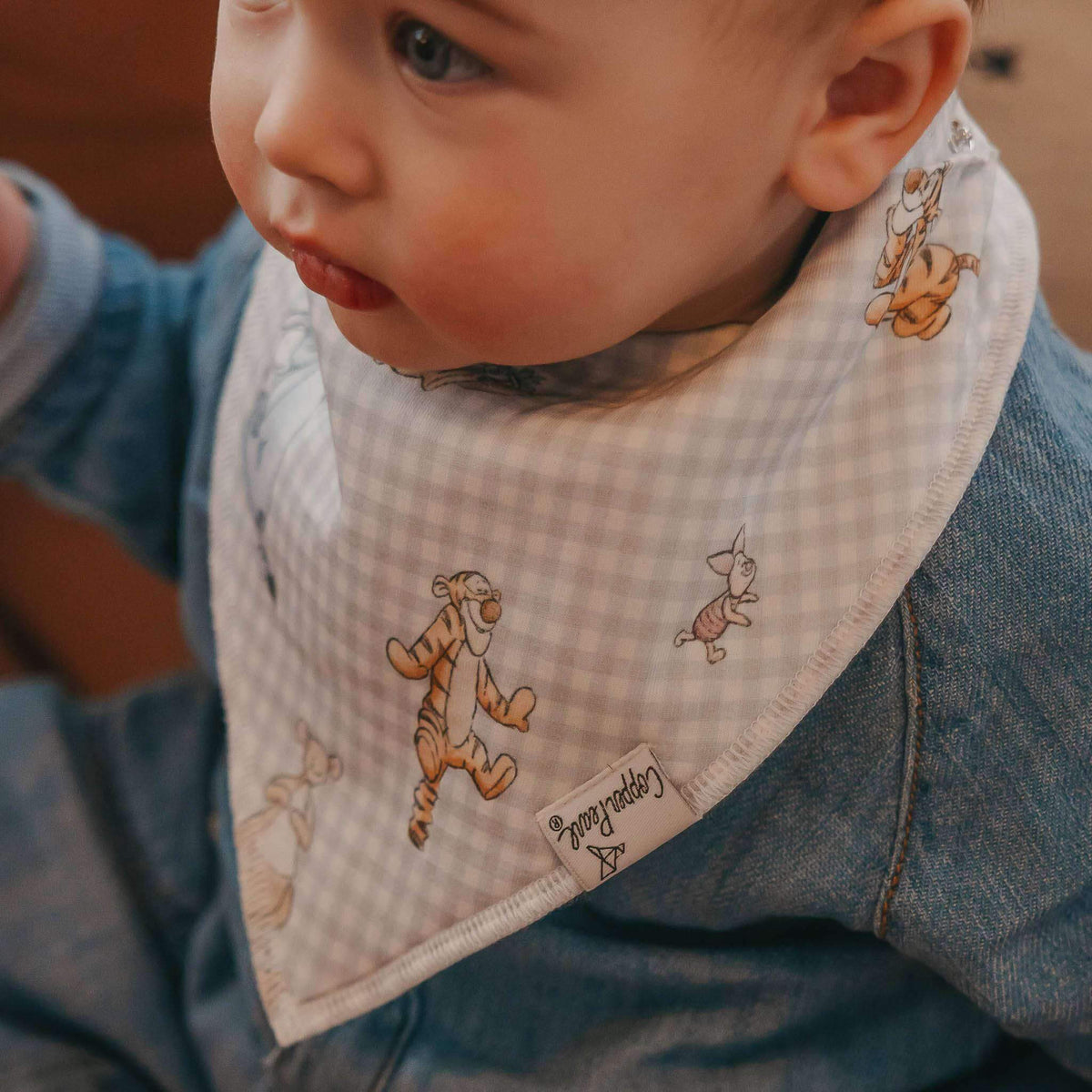 Child wearing a bib with cartoon characters and a denim jacket.