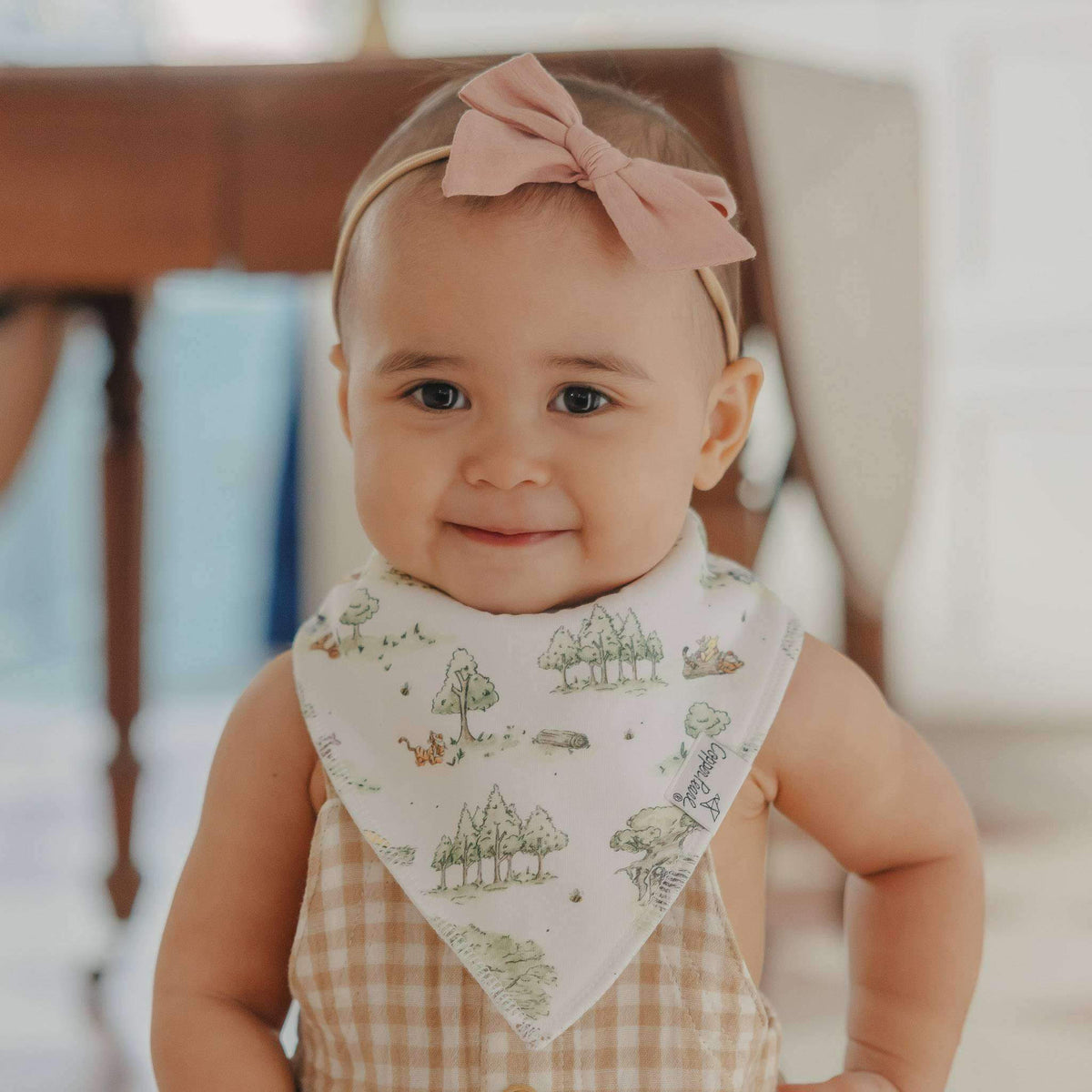 Baby wearing a pink headband and a bib with nature-themed design.