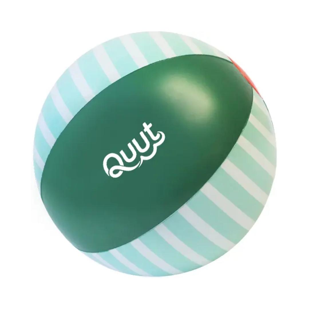 Green and light blue striped ball with 'Quut' branding on a white background