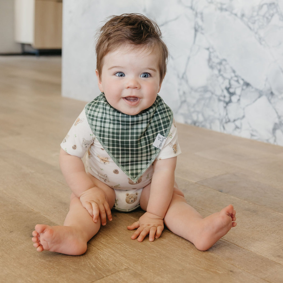 Baby sitting on a wooden floor wearing a green checkered bib.