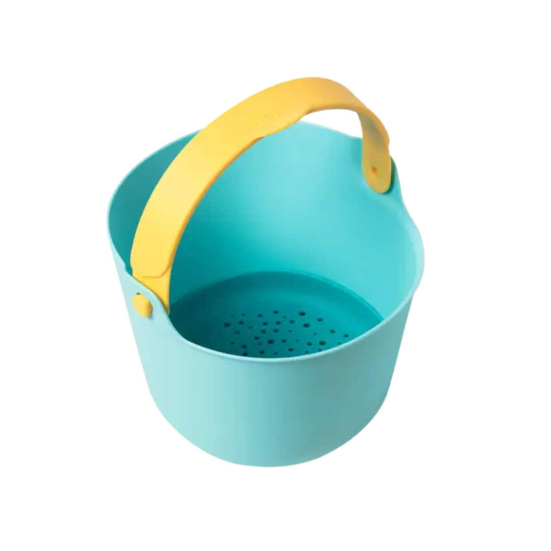 Blue bucket with a yellow handle on a white background