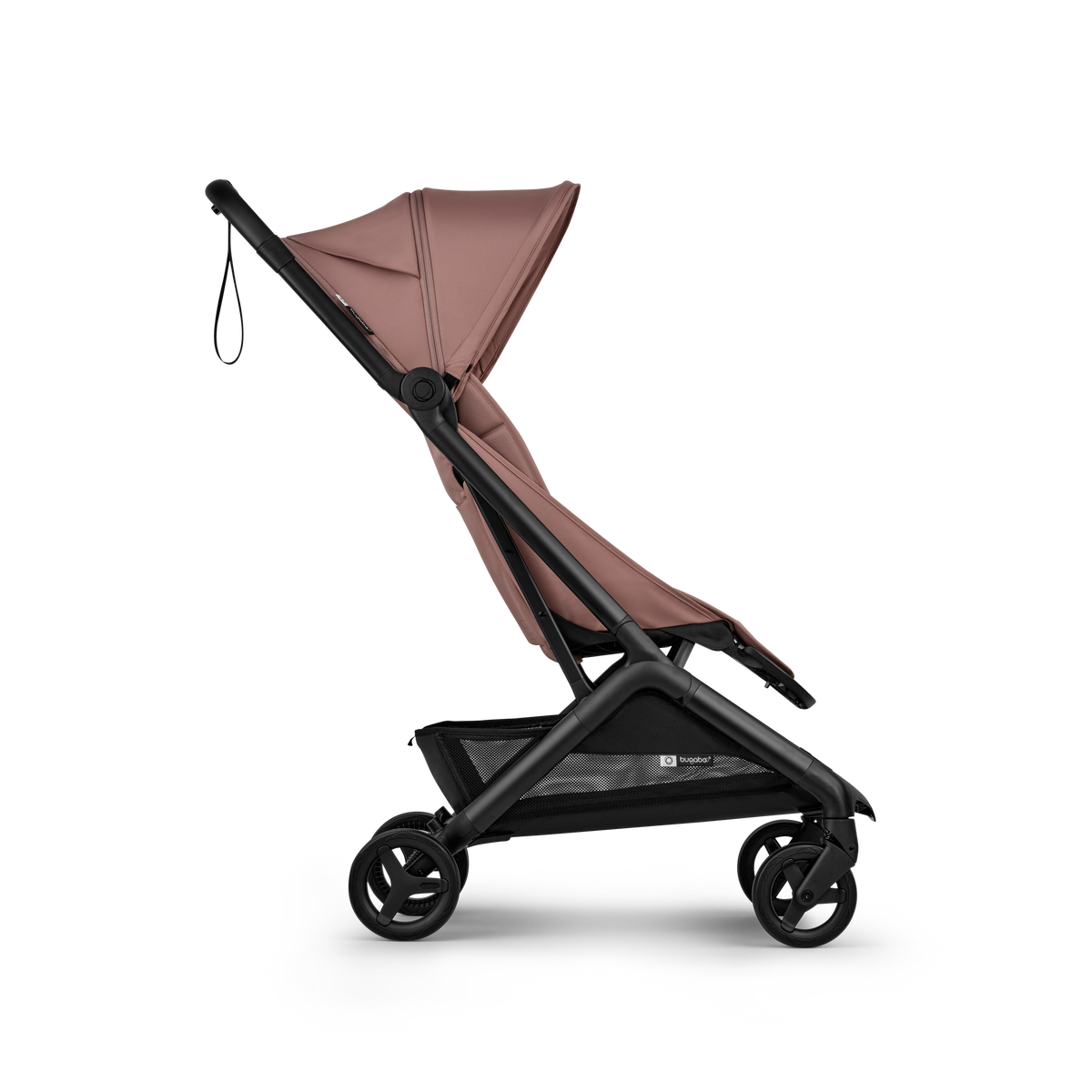 Stroller with pink canopy and black frame on a white background