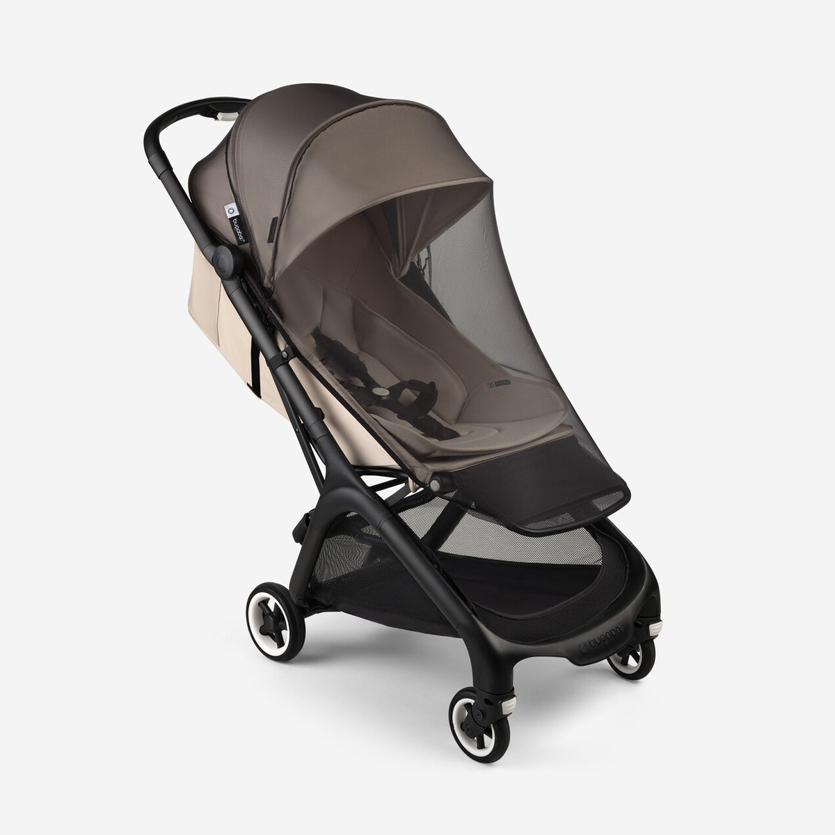 Black and beige stroller with a mesh cover on a white background