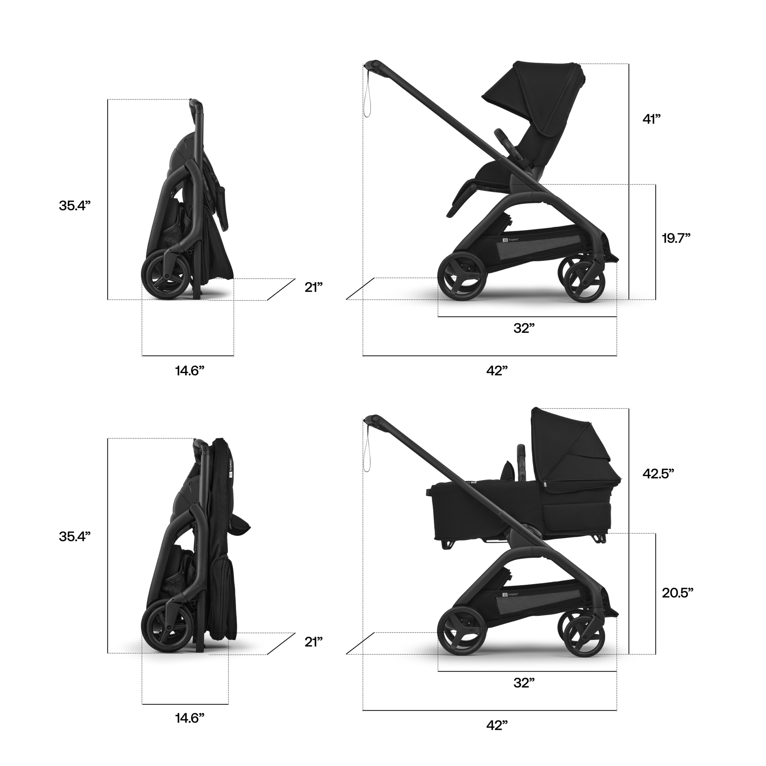 Black stroller in various positions on a white background
