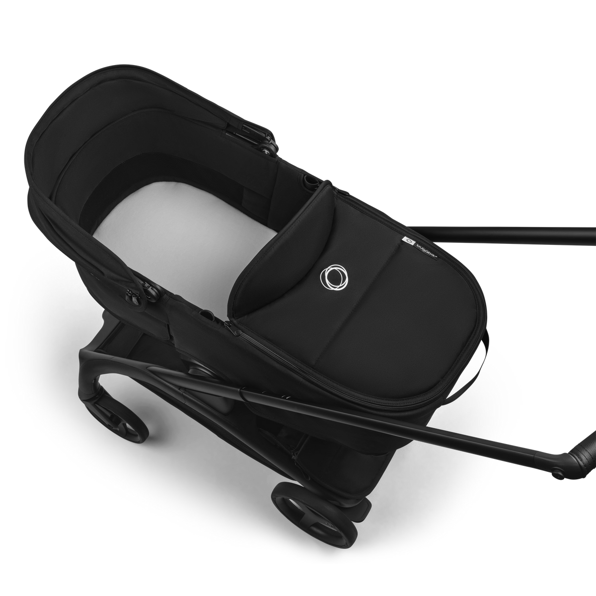 Black baby stroller with white cushion on a transparent background
