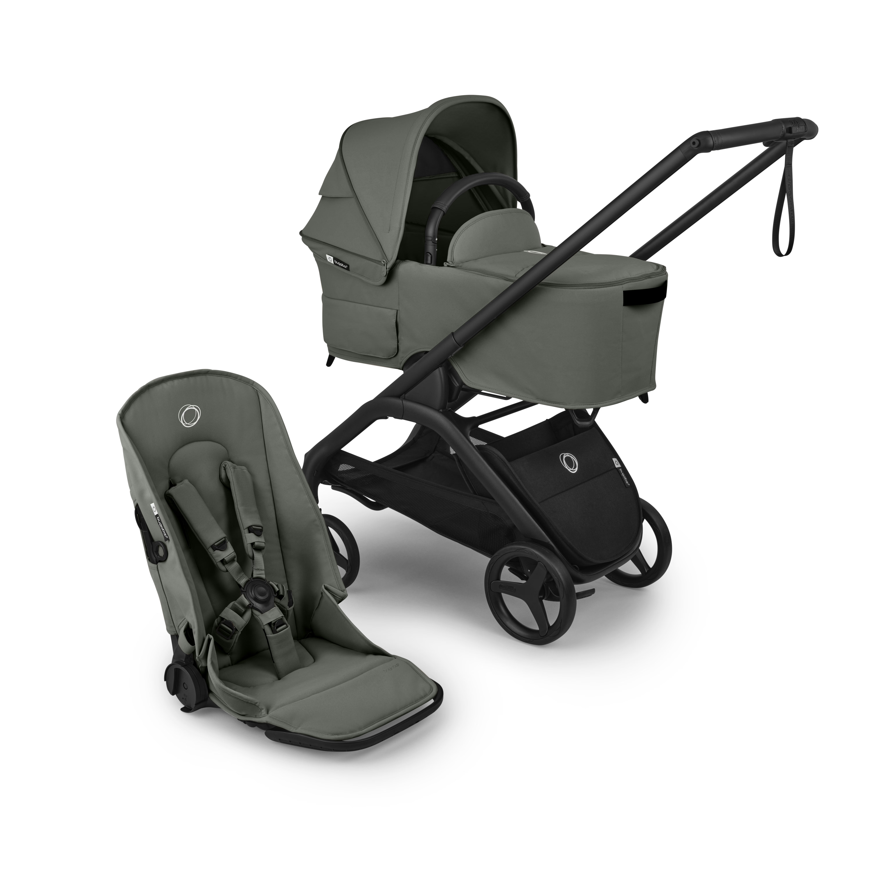 Green baby stroller and seat on a white background