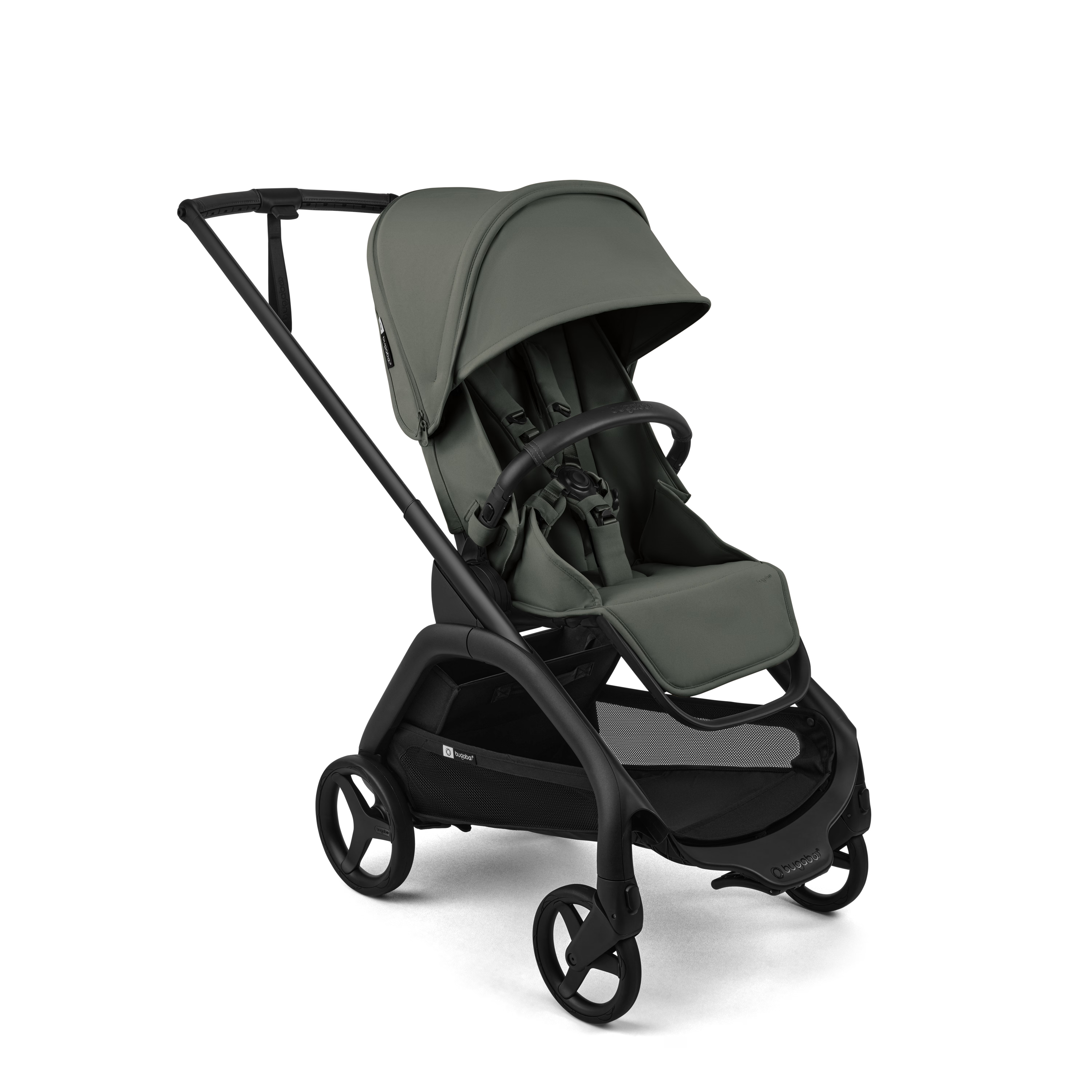 A stroller in an olive green fabric with a black frame and wheels, shown from a three-quarters angle on a clean white background.