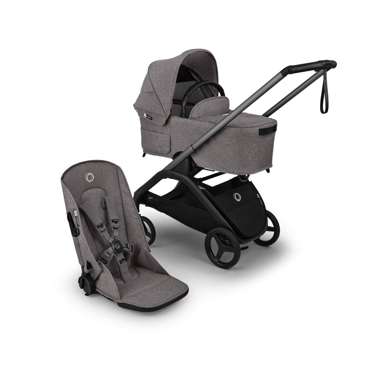 Gray baby stroller and car seat on a white background