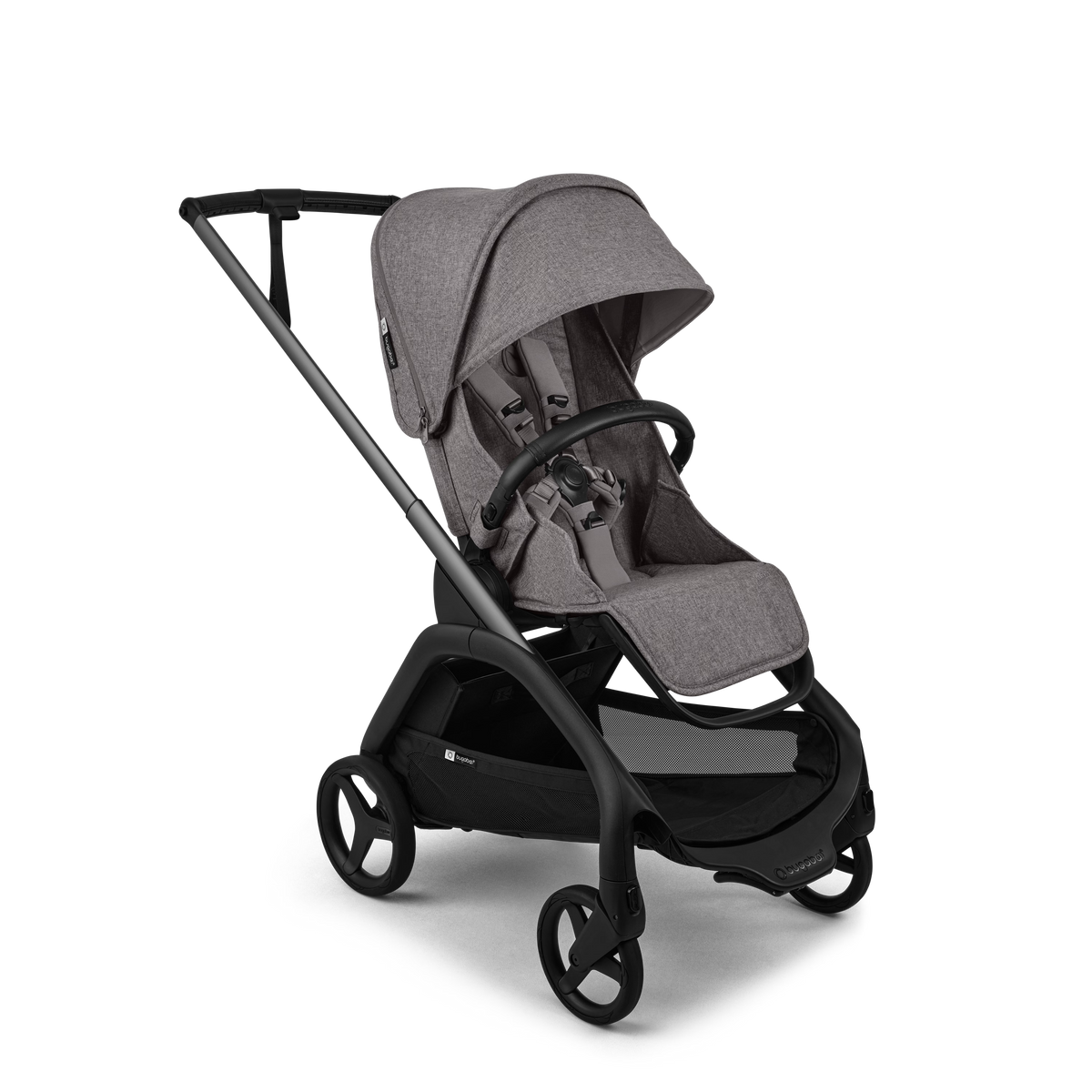 Beige baby stroller with black frame on a white background