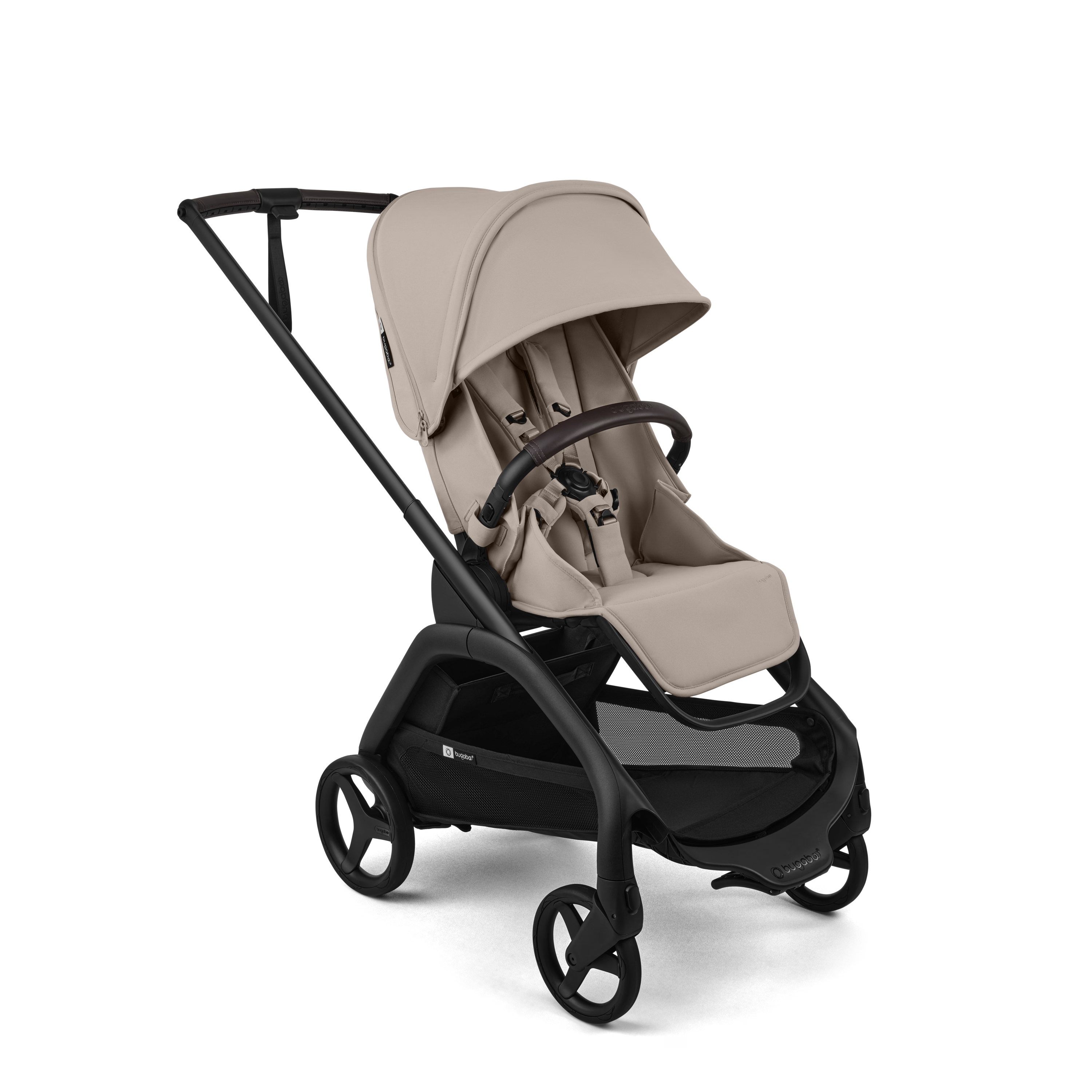 Beige baby stroller with black frame on a white background