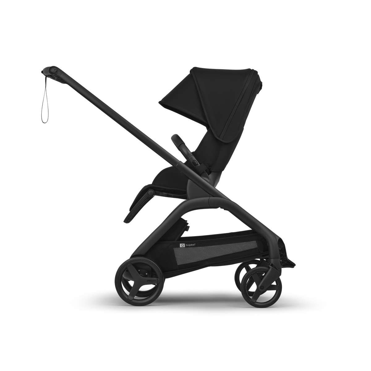 A black stroller shown in a side profile view against a clean white background. The stroller features a high-terrain style seat, a large adjustable canopy, a sleek frame, and three wheels.