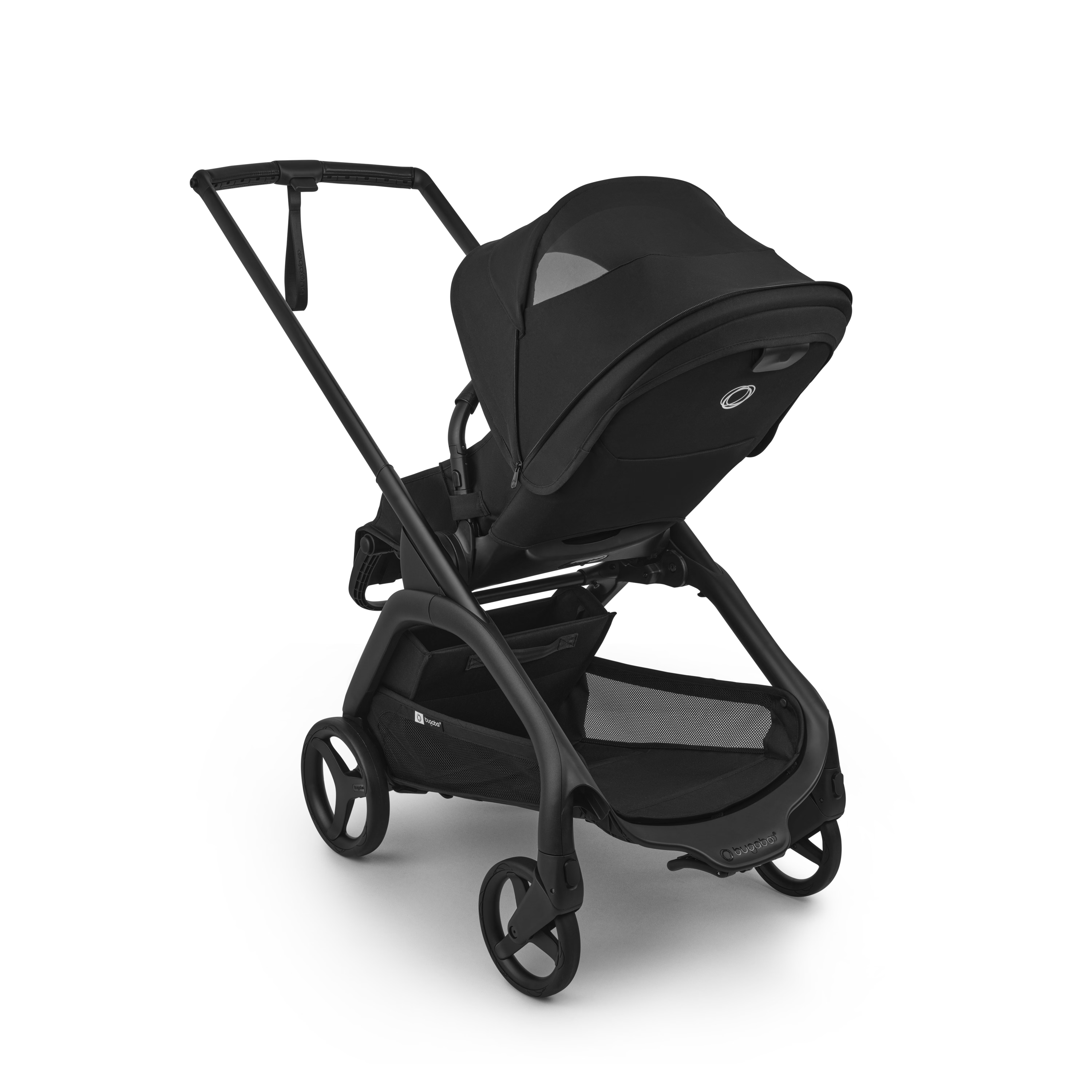 A black stroller and bassinet travel system on a clean white background. The system includes a black stroller with a matching canopy, a black bassinet seat insert, and a black frame with four wheels.
