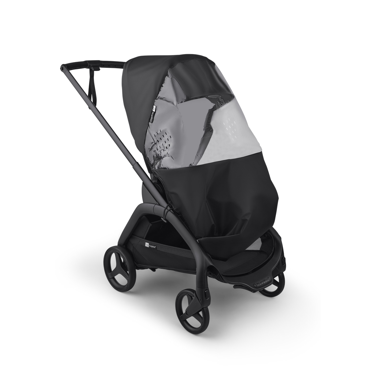 A black stroller with a matching black rain cover and a gray sun shield, shown from a three-quarters angle on a white background.