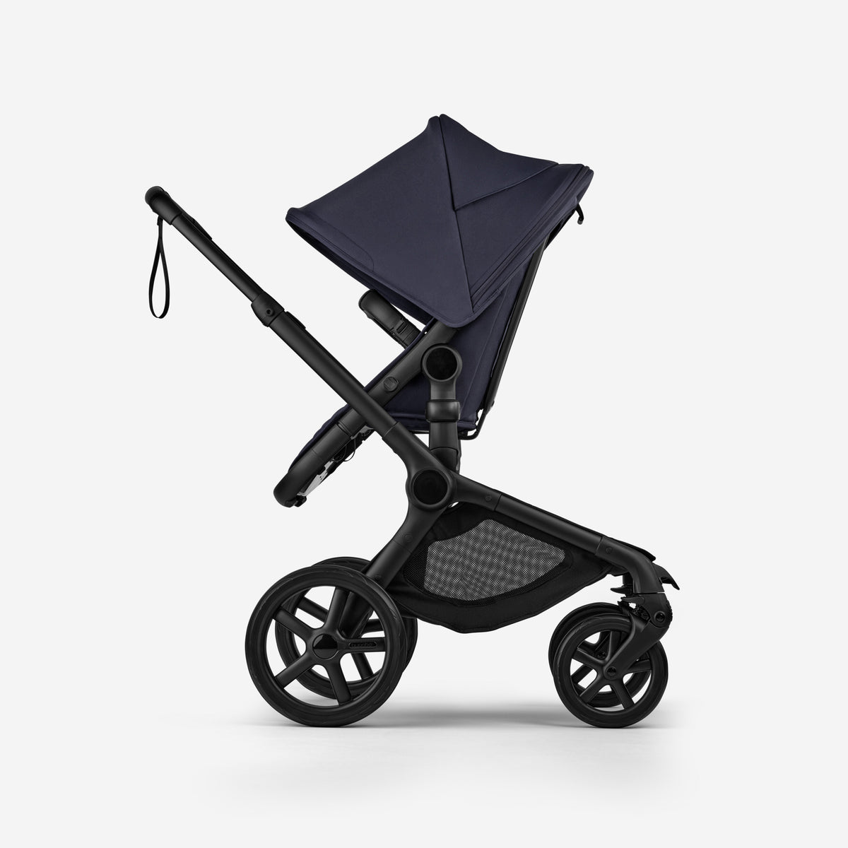 Black stroller with navy blue canopy on a white background