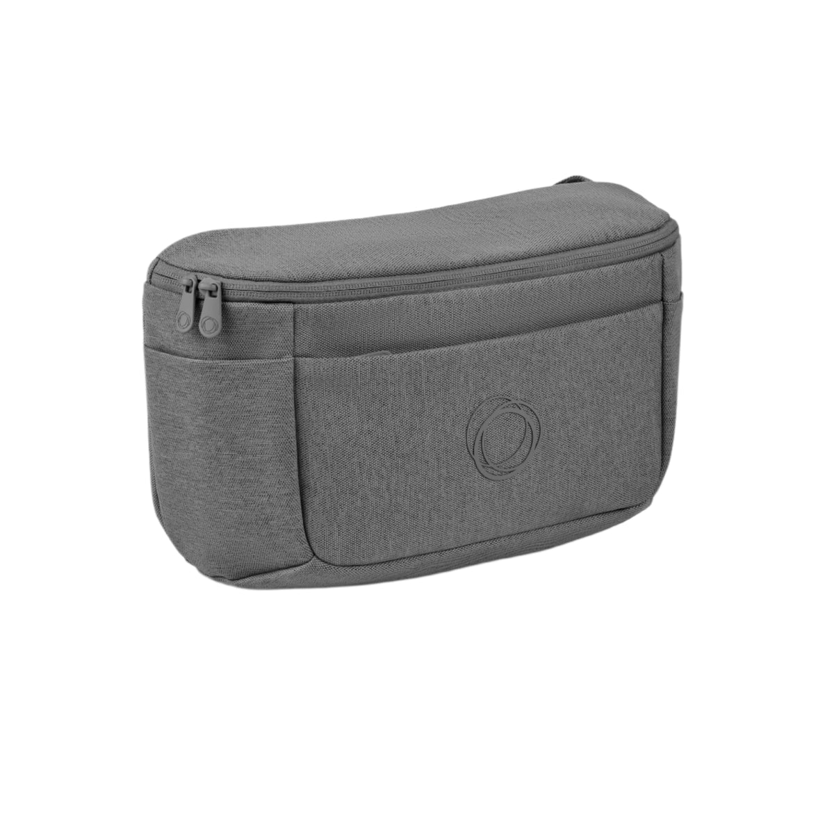 Gray pouch with a brand logo on a white background