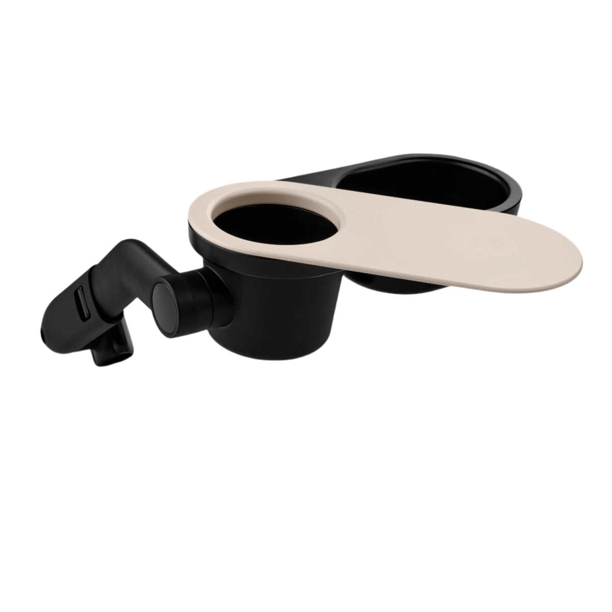 A modern dual cup holder with a black plastic base and a beige plastic top arm, shown on a solid white background.