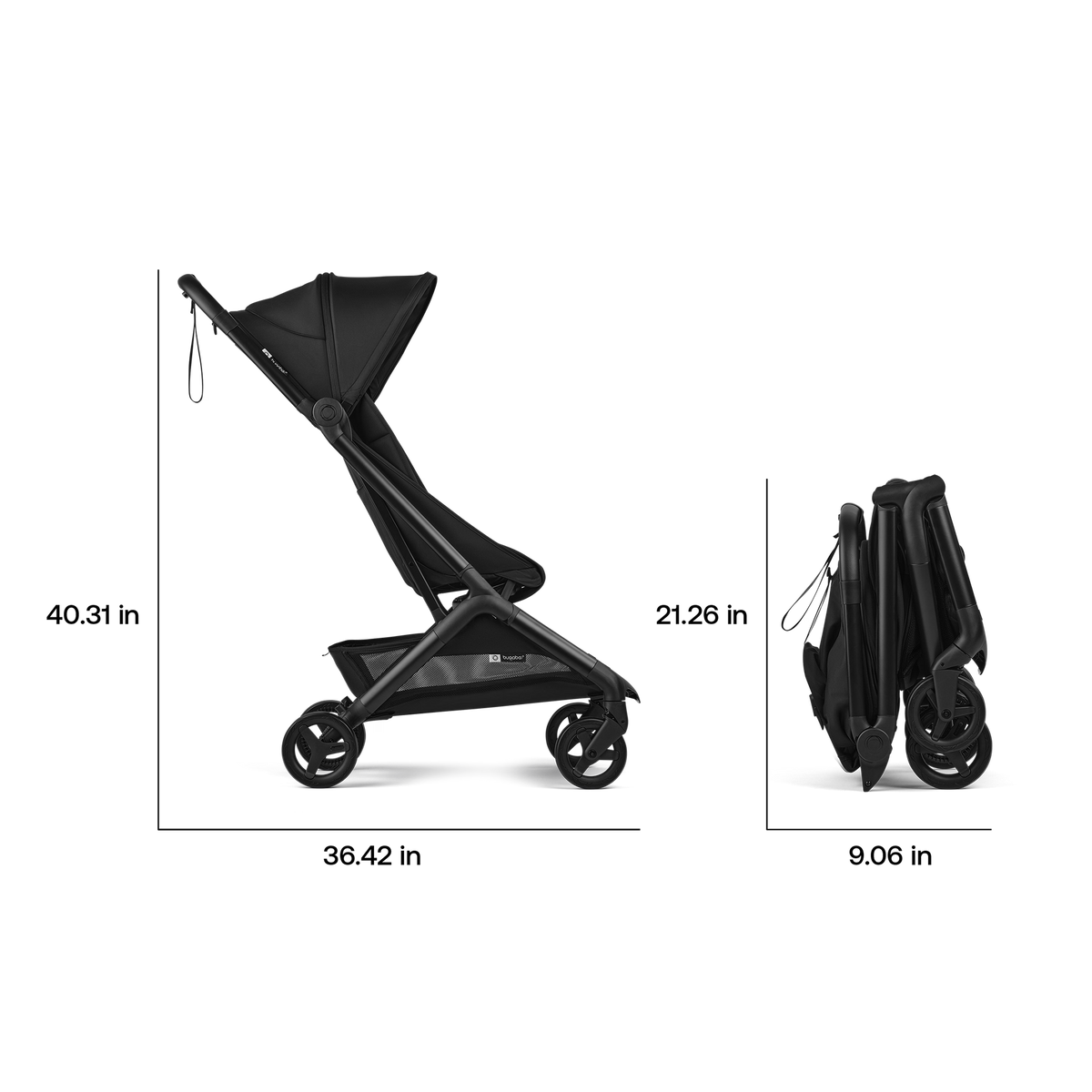 Black stroller in two configurations on a white background