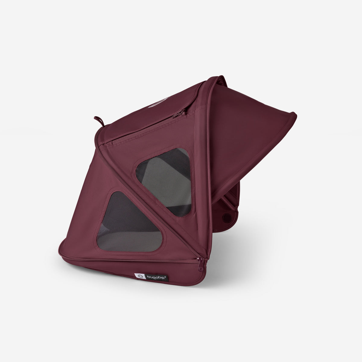 A burgundy stroller canopy with mesh windows, shown in its folded position on a light gray background. The brand label 'mimino' is visible on the lower edge.