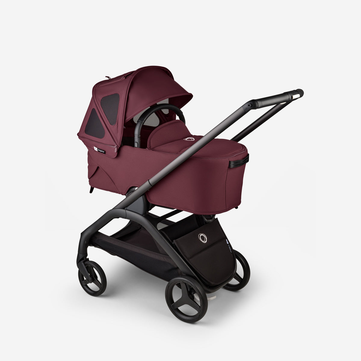 Maroon baby stroller with black wheels and handle on a white background
