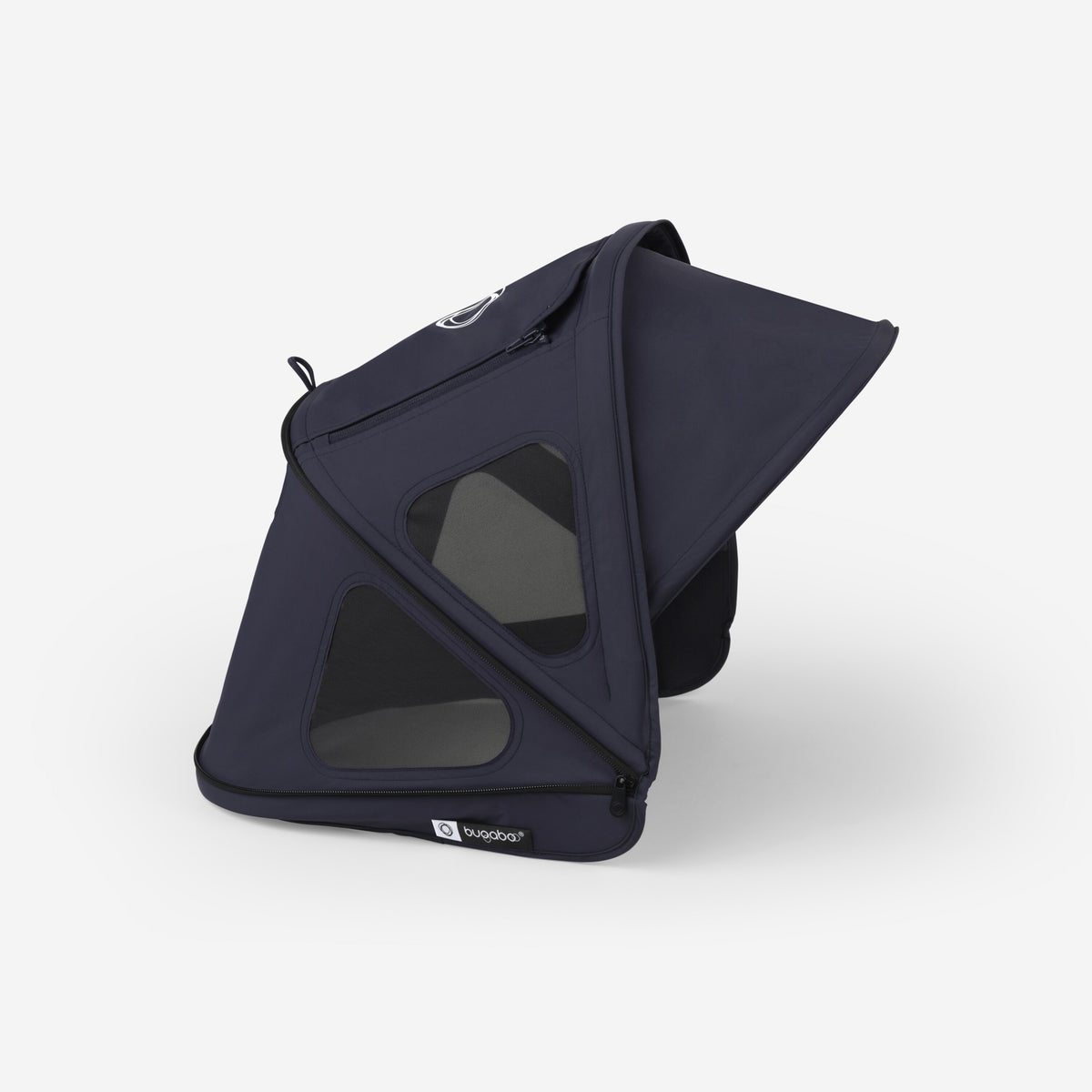 A navy blue dog stroller canopy with mesh windows, shown open at an angle on a clean white background. The brand name 'NexPuppy' is visible on a small label near the bottom.