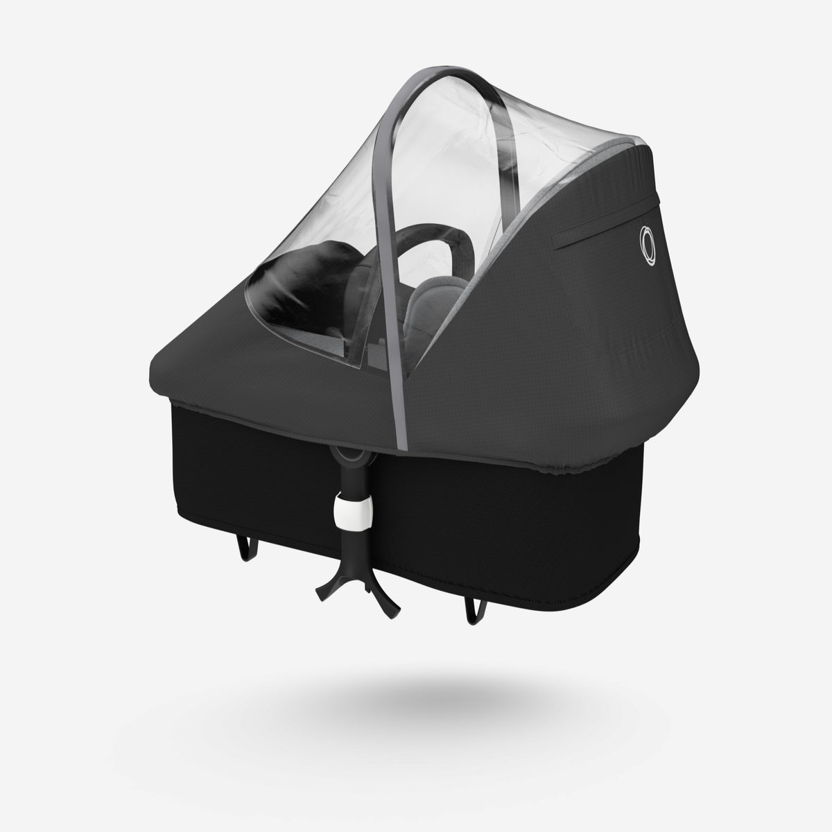 Black baby stroller with transparent canopy on a white background