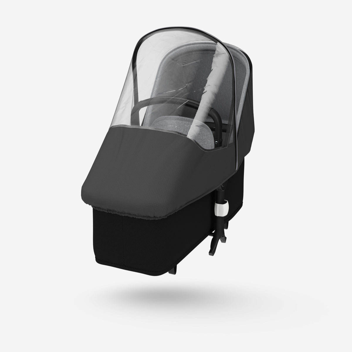 Black baby carrier with clear canopy on a white background