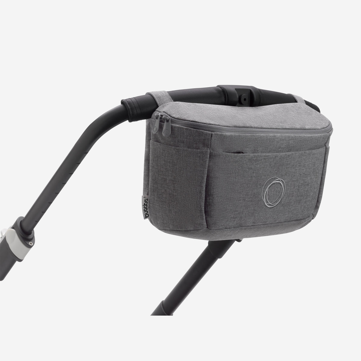 Gray stroller organizer attached to a stroller on a white background