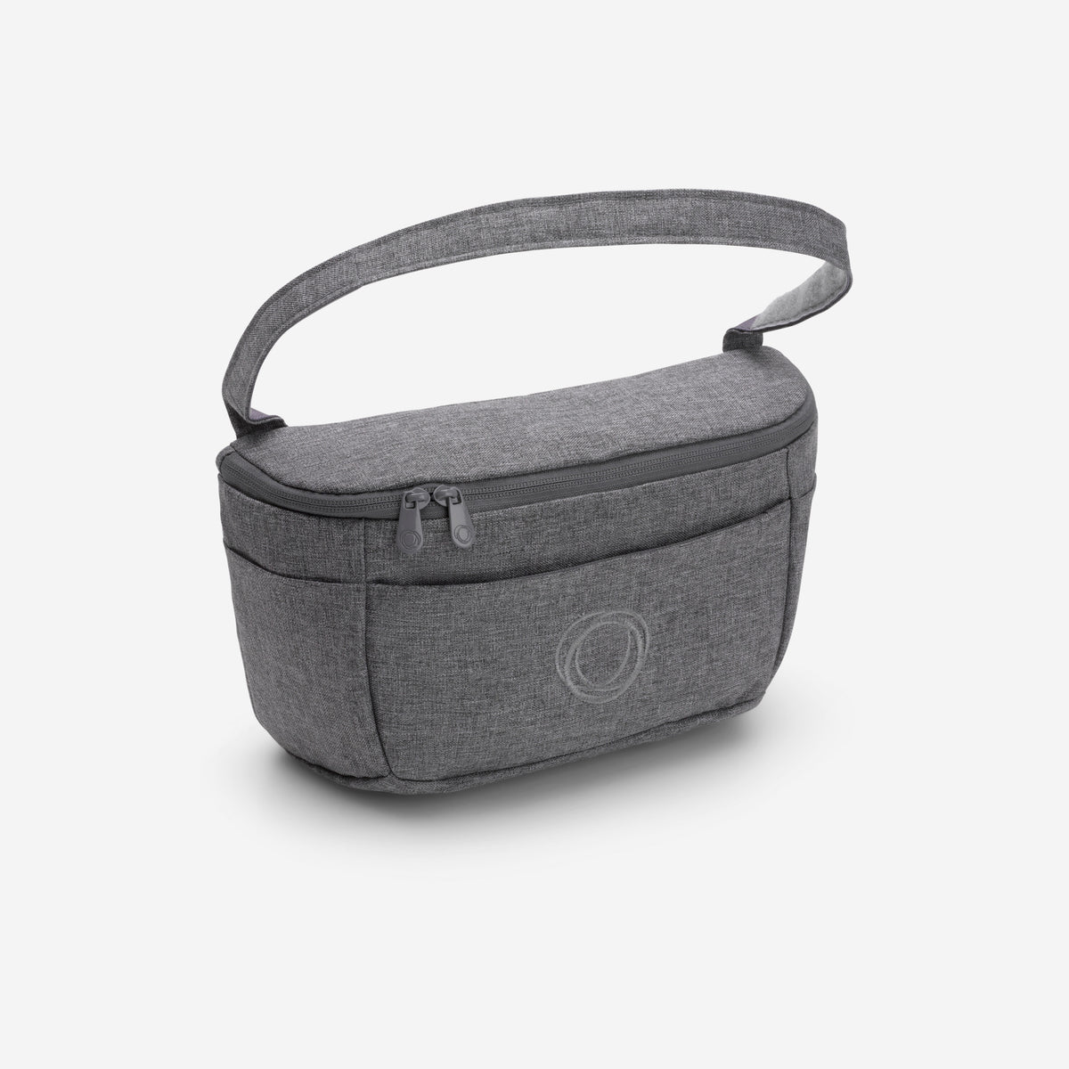 Gray shoulder bag with a visible brand logo on a white background