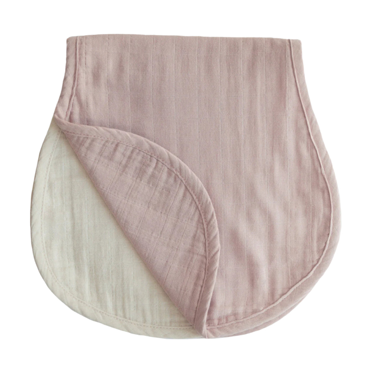 Two organic muslin burp cloths, one in blush and one in fog color, laid out flat.