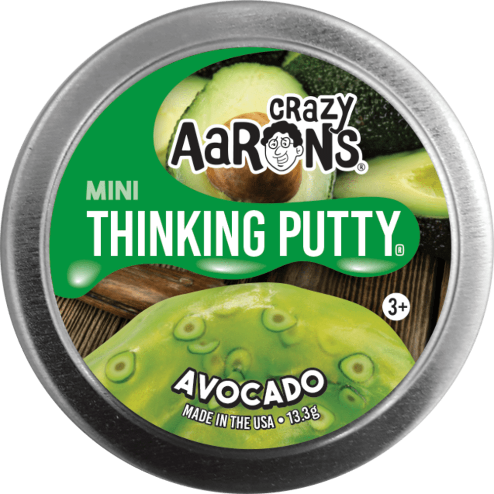 Crazy Aaron's Mini Thinking Putty Avocado container with green and silver design