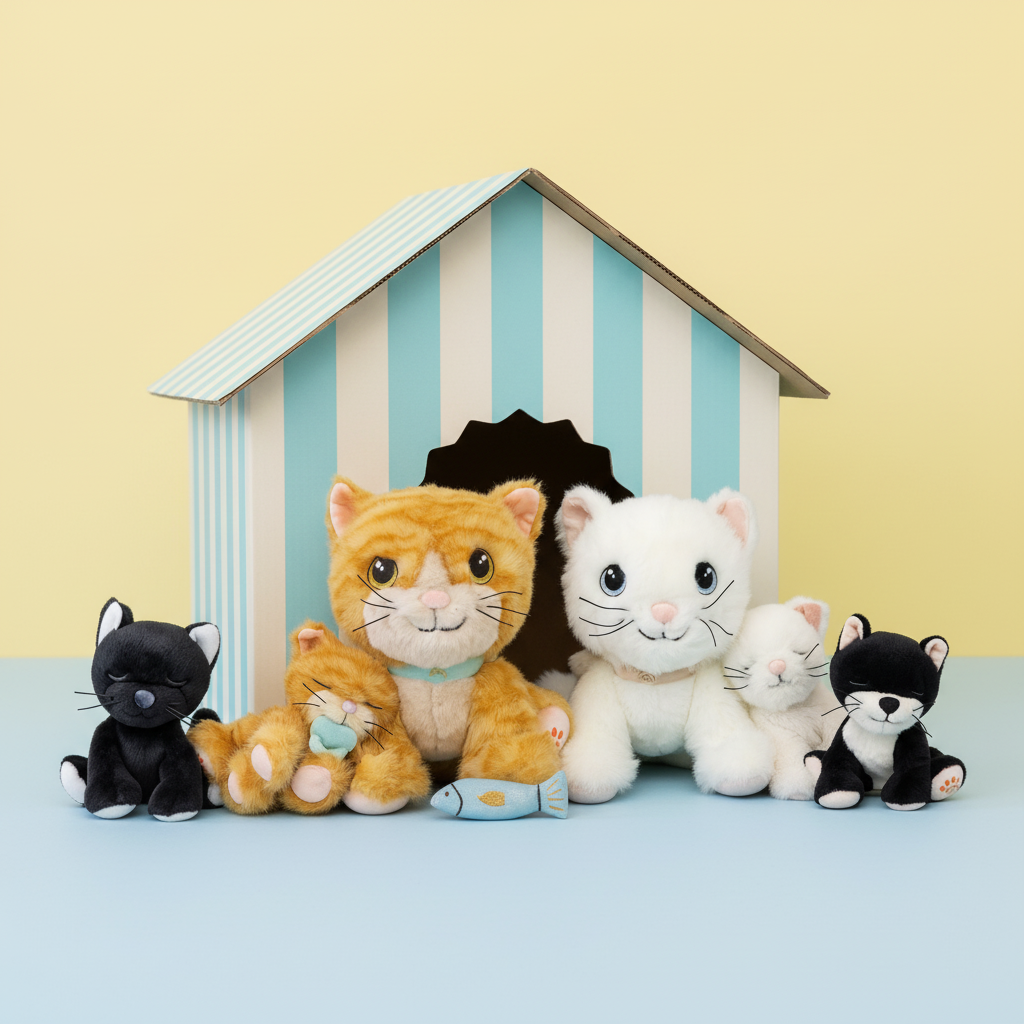 Plush toy cats in front of a striped house-shaped object on a light blue and yellow background