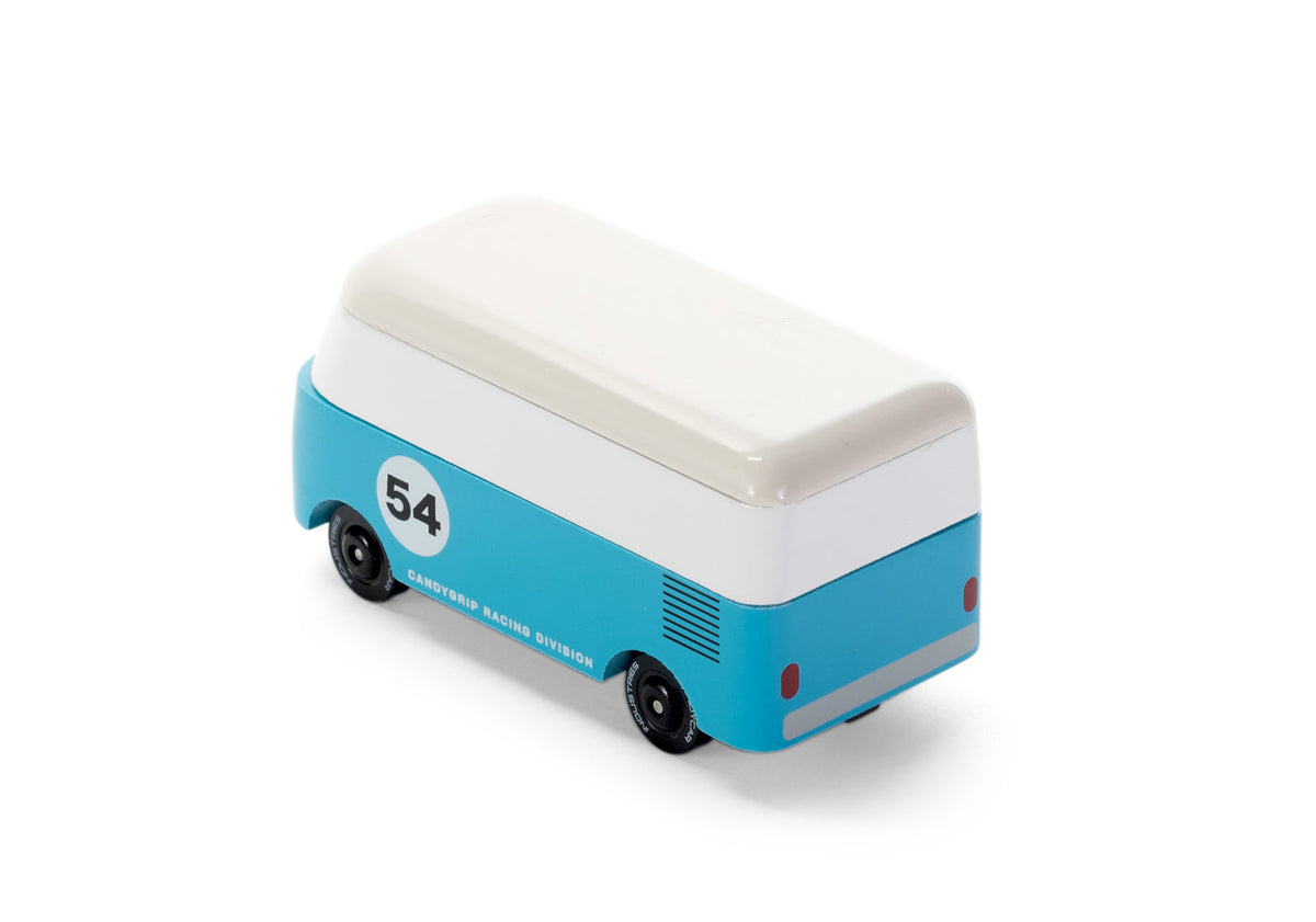 Small blue and white toy van with number 54 on a white background