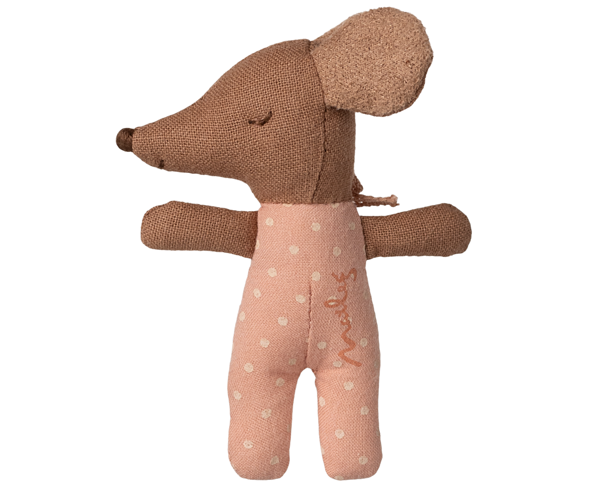 Brown plush toy with a pink outfit featuring the brand name on a white background