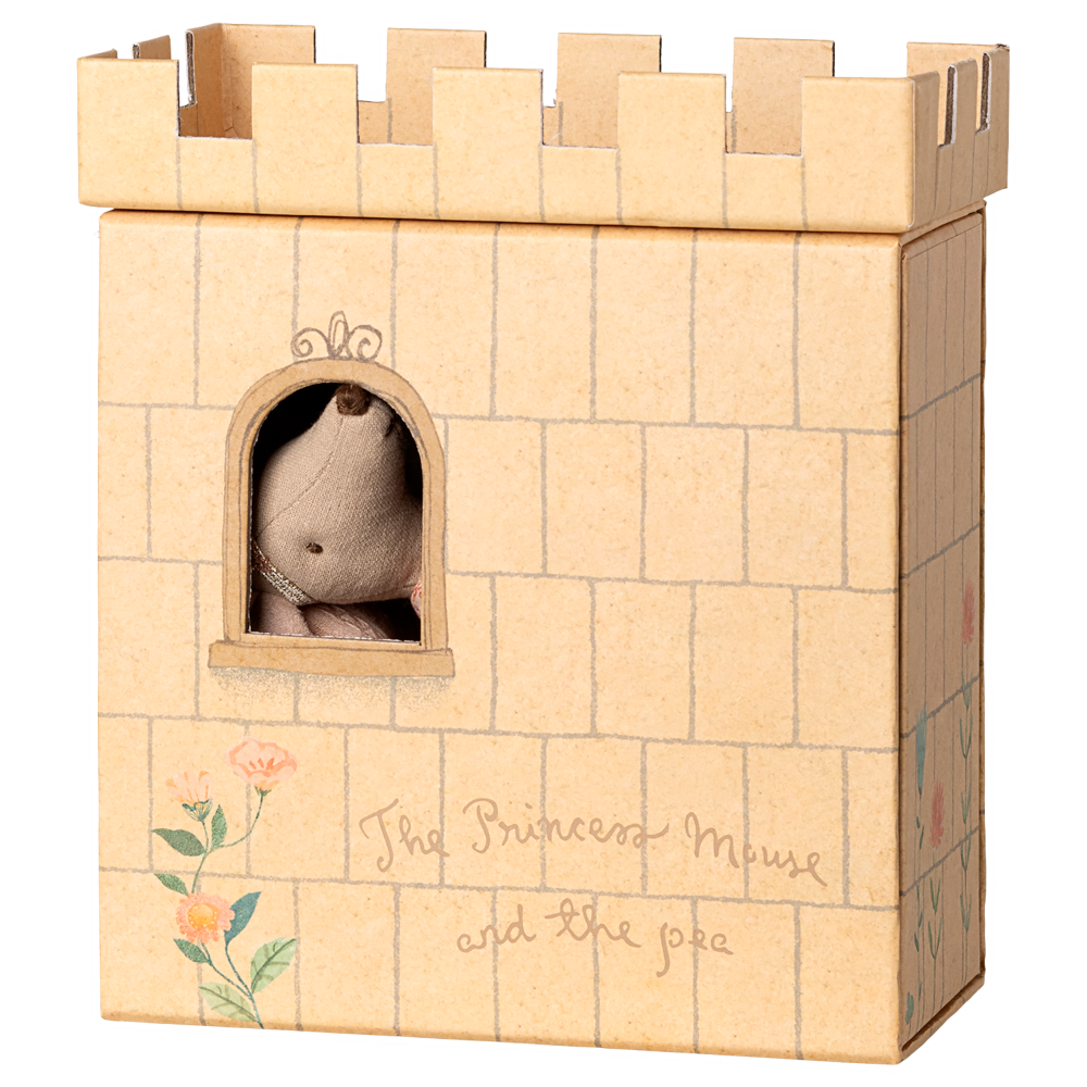 A Maileg toy set featuring an illustrated castle box shaped like a tower, with a small arched window showing a mouse peeking out from inside.