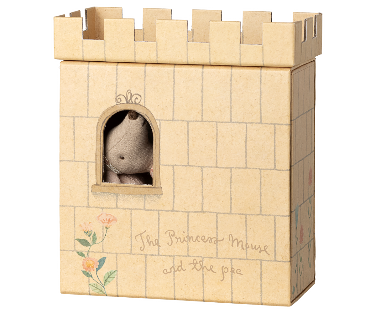 A Maileg toy set featuring an illustrated castle box shaped like a tower, with a small arched window showing a mouse peeking out from inside.