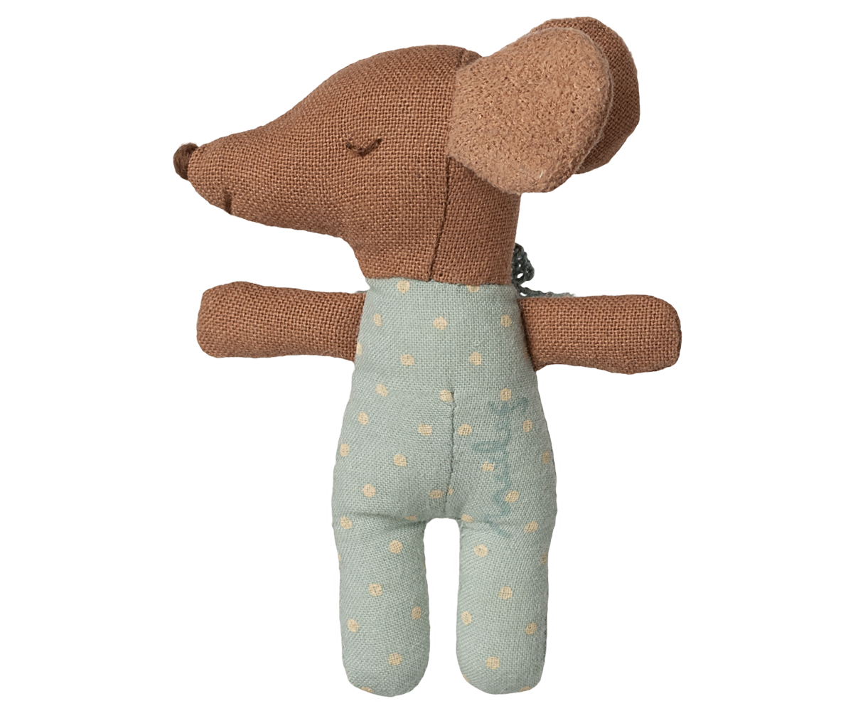 Stuffed toy mouse in a green outfit with gold hearts on a white background
